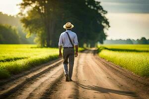 un' uomo nel un' cappello passeggiate giù un' sporco strada. ai-generato foto