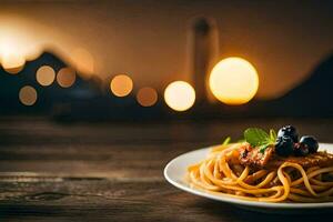 spaghetti con mirtilli e pomodoro salsa su un' piatto. ai-generato foto