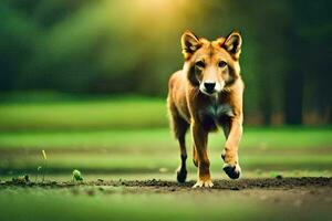 un' cane in esecuzione su un' sporco strada nel il foresta. ai-generato foto