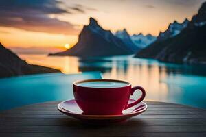 caffè tazza su il tavolo con montagne nel il sfondo. ai-generato foto