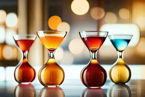 quattro diverso colorato bevande nel bicchieri su un' tavolo. ai-generato foto