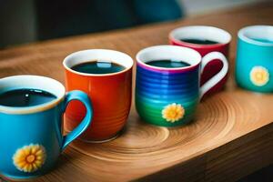 cinque colorato caffè tazze foderato su su un' di legno tavolo. ai-generato foto