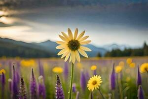 un' giallo e viola fiore sta su nel il mezzo di un' campo. ai-generato foto