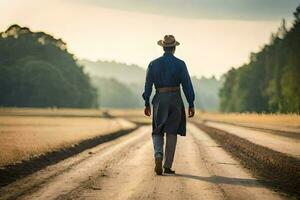 un' uomo nel un' cowboy cappello passeggiate giù un' sporco strada. ai-generato foto