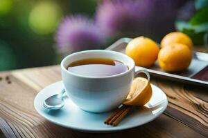 un' tazza di tè con un' fetta di arancia e cannella su un' di legno tavolo. ai-generato foto