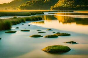 un' fiume con verde muschioso rocce nel il acqua. ai-generato foto