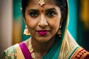 un' donna indossare tradizionale sari e gioielleria. ai-generato foto