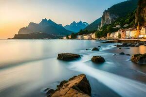 il sole imposta al di sopra di il roccioso costa di Italia. ai-generato foto