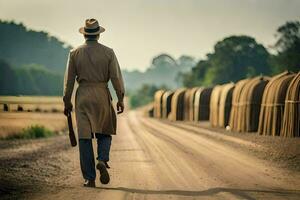 un' uomo nel un' cappello e cappotto a piedi giù un' sporco strada. ai-generato foto