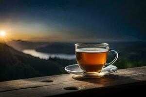 un' tazza di tè su un' di legno tavolo nel davanti di un' bellissimo tramonto. ai-generato foto