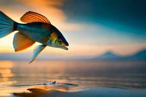 un' pesce è salto su di il acqua a tramonto. ai-generato foto