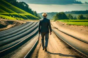 un' uomo nel un' completo da uomo passeggiate giù un' Ferrovia traccia. ai-generato foto