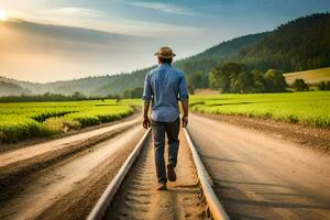 un' uomo a piedi giù un' strada nel il campagna. ai-generato foto