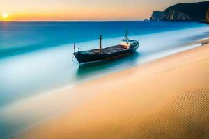 un' barca è andare in barca su il spiaggia a tramonto. ai-generato foto