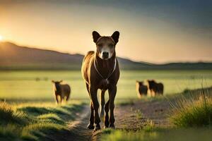 un' cavallo a piedi su un' sporco strada a tramonto. ai-generato foto