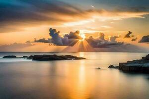 tramonto al di sopra di il oceano con nuvole e rocce. ai-generato foto