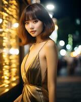 bellissimo asiatico ragazza indossare fascino seta vestito ai generativo foto