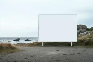 un' grande strada tabellone per pubblicità contro il sfondo di il mare e rocce. ai generato foto