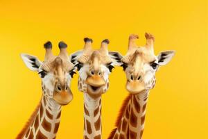 tre giraffe prendere un' autoscatto. ai generato foto