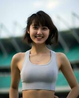 bellissimo sorridente asiatico ragazza atleta nel gli sport arena ai generativo foto