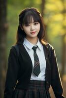 bellissimo asiatico scuola ragazza con delicato viso ai generativo foto