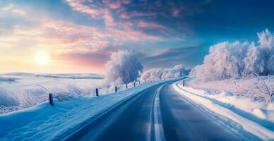 strada nel il inverno montagne nel il sfondo, nevoso foresta - ai generato Immagine foto