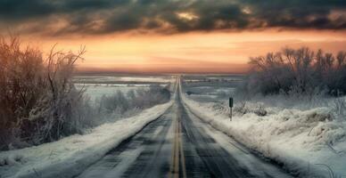 strada nel il inverno montagne nel il sfondo, nevoso foresta - ai generato Immagine foto