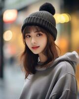 un' allegro coreano ragazza indossare felpa con cappuccio e maglia cappello ai generativo foto