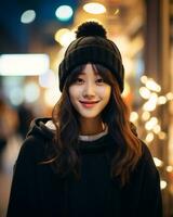 un' allegro coreano ragazza indossare felpa con cappuccio e maglia cappello ai generativo foto