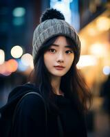 un' allegro coreano ragazza indossare felpa con cappuccio e maglia cappello ai generativo foto