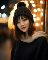 un' allegro coreano ragazza indossare felpa con cappuccio e maglia cappello ai generativo foto