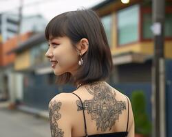 allegro coreano ragazza con tatuaggio sorridente per telecamera ai generativo foto