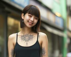 allegro coreano ragazza con tatuaggio sorridente per telecamera ai generativo foto