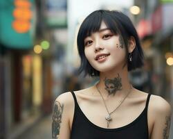 allegro coreano ragazza con tatuaggio sorridente per telecamera ai generativo foto