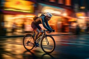 ciclista nel movimento, simboleggiante il guidare per raggiungere obiettivi e promozione il idea di successo attraverso Ciclismo. generativo ai foto