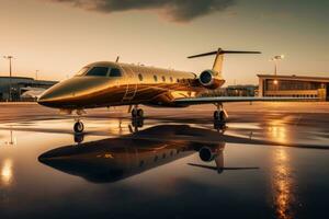 un' lusso privato Jet in attesa per prendere spento. lusso turismo e attività commerciale viaggio mezzi di trasporto concetto. generativo ai foto