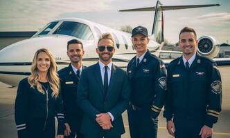 privato aereo personale piloti e hostess in posa nel davanti di privato aereo e sorridente. generativo ai foto