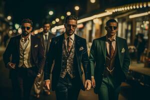 un' gruppo di vestito in modo elegante mafiosi a piedi giù un' città strada a notte, getto drammatico ombre come essi asserire loro dominio. generativo ai foto