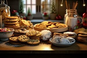 un' cucina contatore pieno con appena al forno biscotti, Pan di zenzero case, e festivo tratta, cattura il gioia e prelibatezza di vacanza cottura al forno tradizioni. generativo ai foto