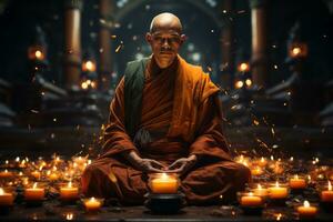 buddista monaco Meditare nel un' tranquillo, calmo tempio ambientazione, simboleggiante interno pace e consapevolezza. generativo ai foto