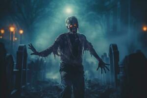 un' zombie emergente a partire dal un' pieno di nebbia cimitero, con chiaro di luna getto un misterioso incandescenza, aggiungendo un' senso di mistero e terrore per Halloween pubblicità. generativo ai foto