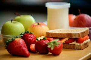 equilibrato e nutriente scuola il pranzo, con colorato frutta, la verdura, panini, e un' scatola di cartone di latte, promozione salutare mangiare abitudini tra studenti. generativo ai foto