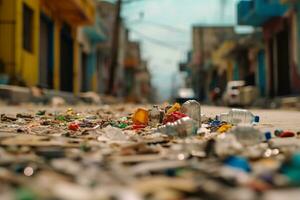 un cattura l'attenzione foto di un' pieno di rifiuti strada nel un' inquinata città, sottolineando il importanza di corretto rifiuto gestione e riducendo plastica consumo. generativo ai