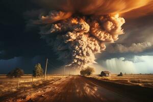 un di forte impatto fotografia di un' tornado imbuto nube formatura contro un' drammatico cielo, che rappresentano il energia e imprevedibilità di natura. generativo ai foto