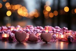 San Valentino giorno , cioccolatini su sfondo su bokeh leggero sfondo. sfocato sfondo. generativo ai foto
