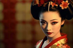 bellissimo giapponese geisha donna nel tradizionale floreale vestiario. generativo ai foto