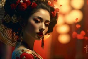 bellissimo giapponese geisha donna nel tradizionale floreale vestiario. generativo ai foto