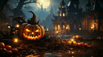 un' spaventoso Halloween notte con infausto raggiante lanterne, misterioso albero e dall'aspetto sinistro jack-o-lantern nel davanti di un' castello. generativo ai foto