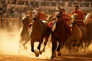 un' composizione con un' romano carro gara nel azione, cattura il velocità, agilità, e eccitazione di antico romano gli sport. generativo ai foto