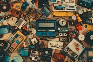 un' collage di retrò oggetti come come cassetta nastri, floscio dischi, e Vintage ▾ elettronica, la creazione di un' nostalgico atmosfera. generativo ai foto